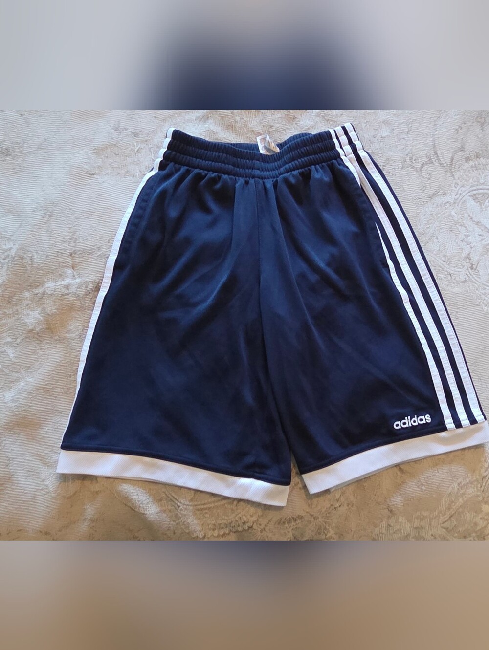 Adidas Navy Blue Athletic Shorts with White Stripes